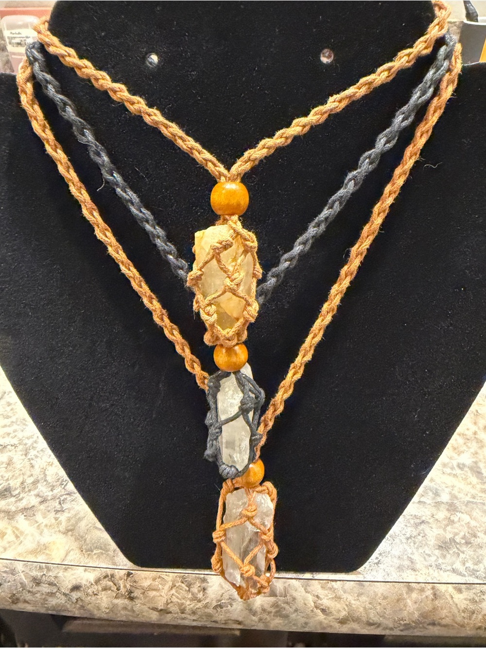Hand Crafted Brown and Gray Crystal Macramé Layered Necklace